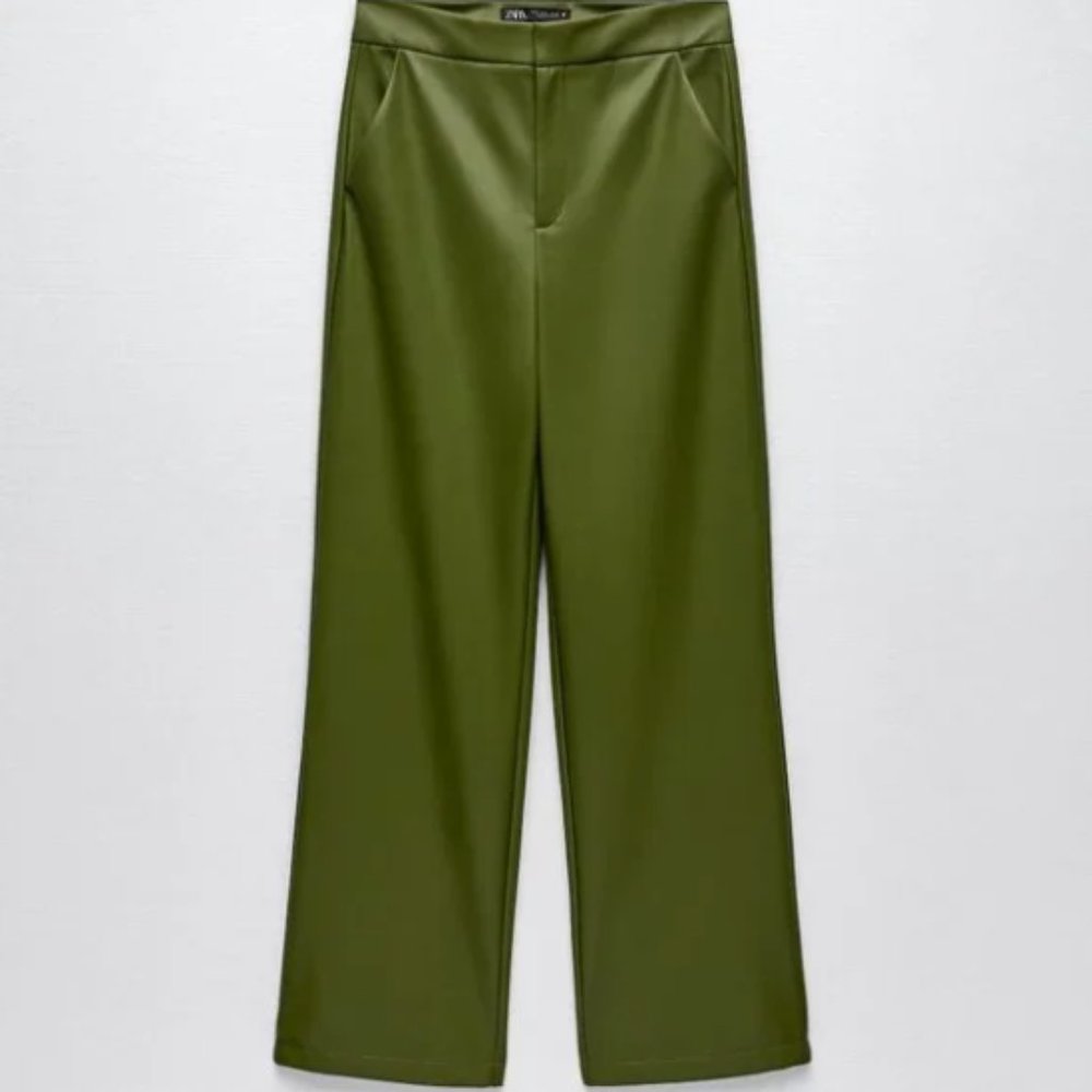 Zara Full Length Faux Leather Pants  - Olive Green - Small